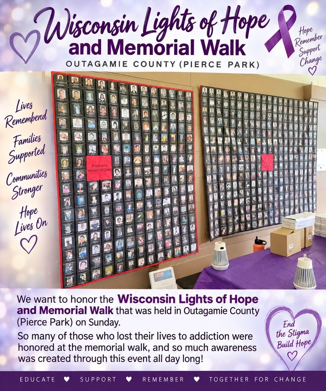 Memorial quilts displayed at the Wisconsin Lights of Hope and Memorial Walk in Pierce Park.