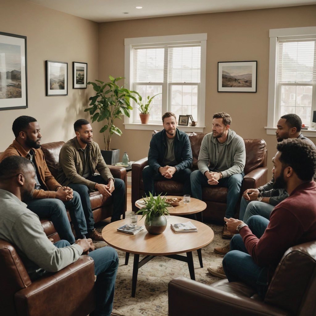 Men sitting together in a living room circle during a recovery meeting.