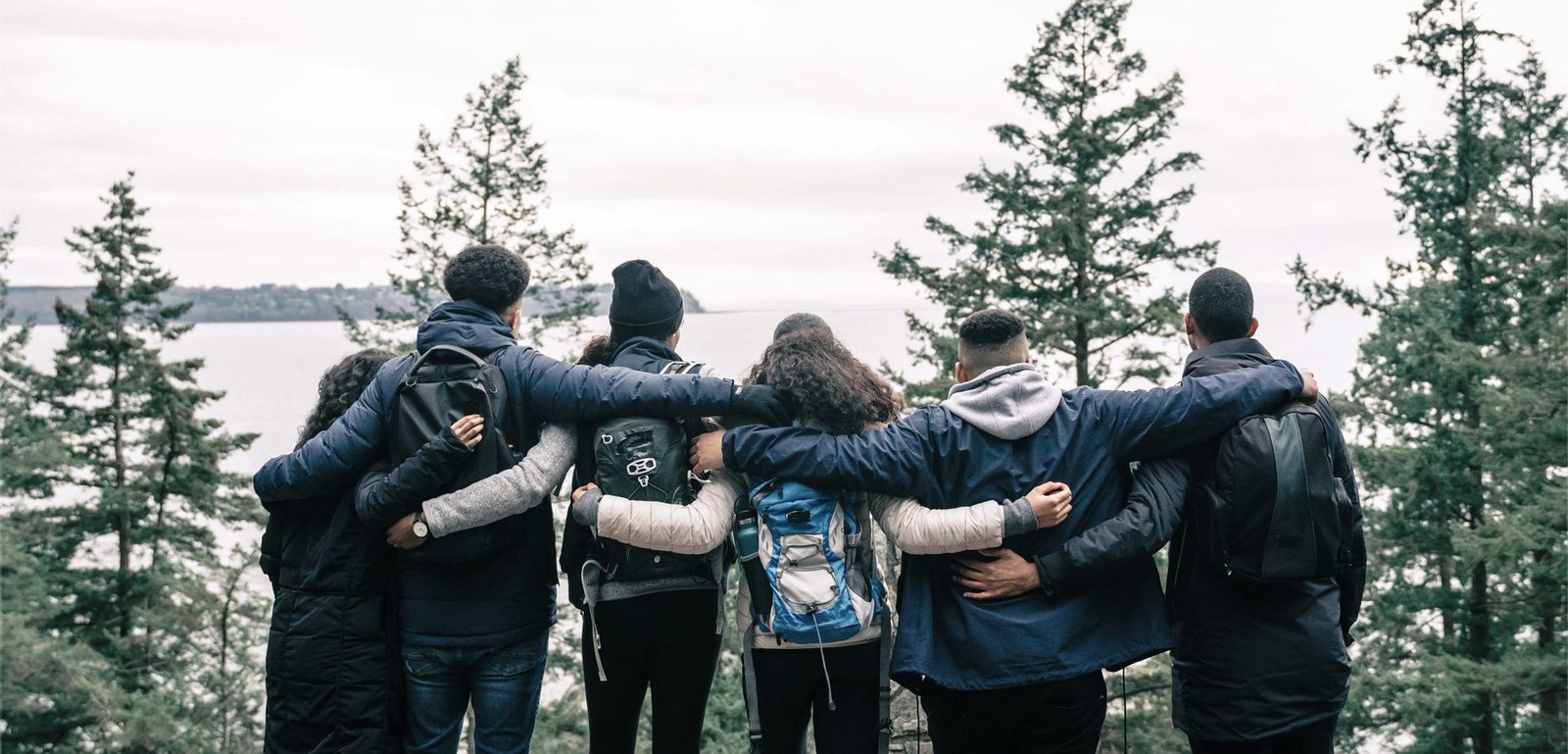 A group of people standing arm in arm looking out over water and trees.